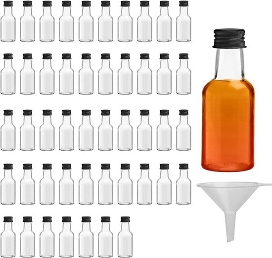 Belle Vous Mini- Bouteilles de Boisson (48 Pièces) - Bouteille en Plastique Réutilisable 25 ml avec Bouchon à Vis Noir, Entonnoir à Liquide pour Verser et Remplissage Facile - Bouteilles Miniatures - Mariages et Fêtes
