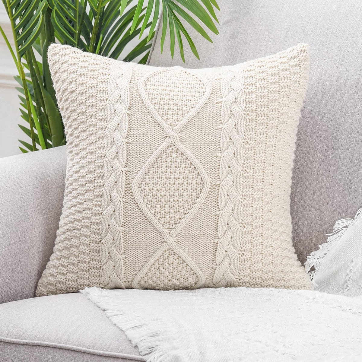 Ibenzoa Katoenen gebreide beige lendenkussenhoes voor stijlvolle en moderne woonkamerdecoratie wit