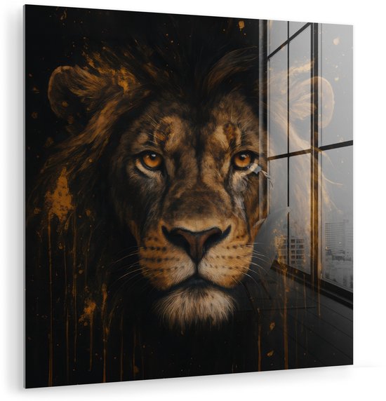 MuchoWow® Glasschilderij 50x50 cm - Schilderij acrylglas - Leeuw - Goud - Druppels - Foto op glas - Muurdecoratie woonkamer - Wanddecoratie slaapkamer - Schilderijen