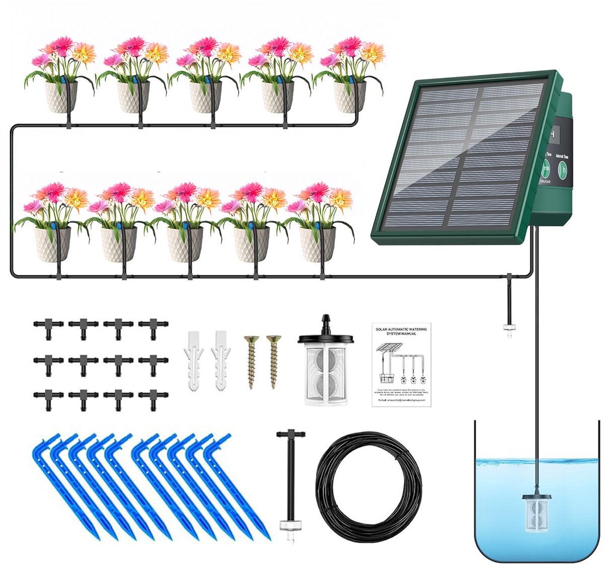 MMOBIEL Irrigatiesysteem op Zonne-energie – Automatisch Druppelbewateringssysteem – Slim, Waterbesparend Watergeefsysteem voor Binnen- en Buitenplanten met 10 Druppelaars en 10M Slang