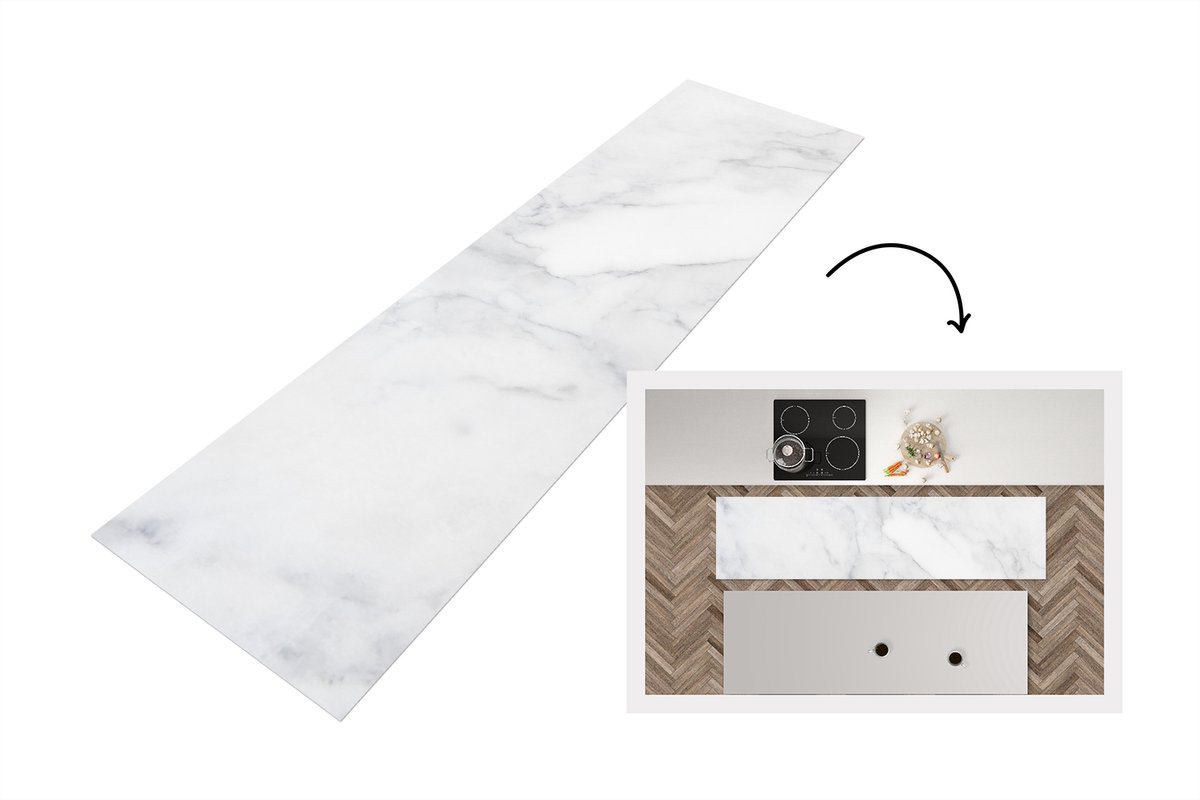 KitchenYeah Keukenloper 200x50 cm - Keukenmat vinyl Marmer - Wit - Grijs - Luxe - Marmerlook - Steen - Keukenmatten loper - Keuken vloerkleed tapijt Marmer - Steen