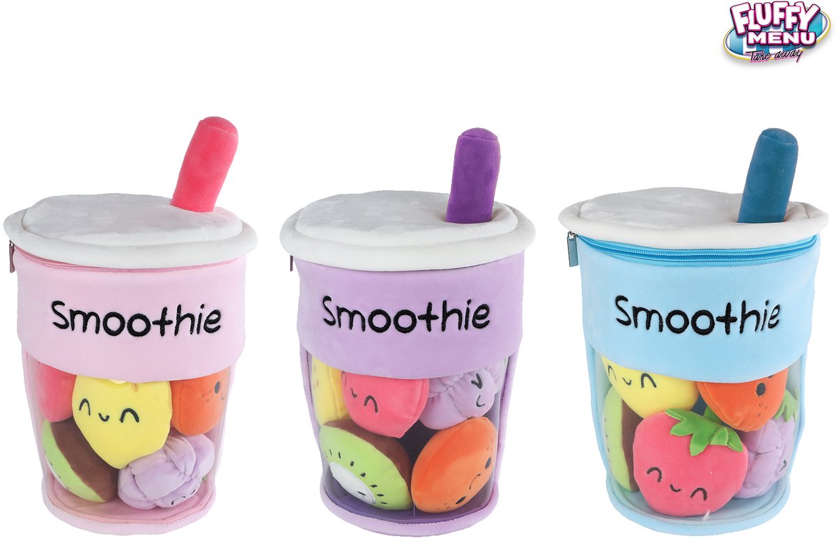 Pluche Smoothy knuffel beker met fruit 26cm - Fluffy Menu speelgoed.