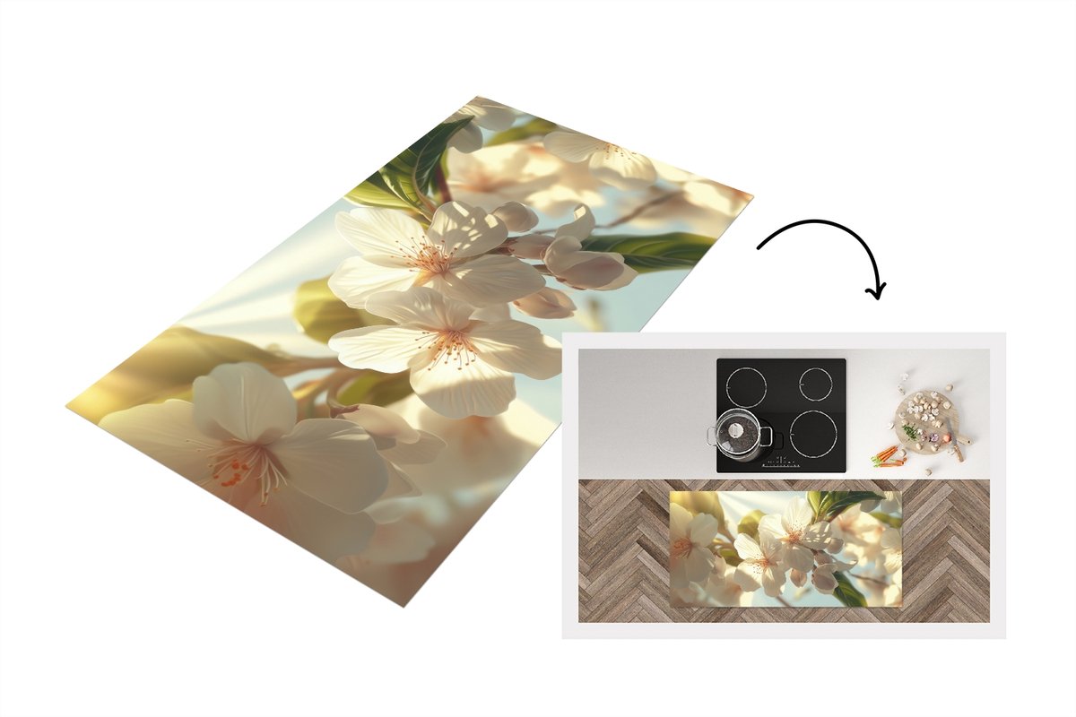 KitchenYeah Keukenloper 120x60 cm - Keukenmat vinyl Bloesems - Wit - Zonnestralen - Bloemblaadjes - Keukenmatten loper - Keuken vloerkleed tapijt