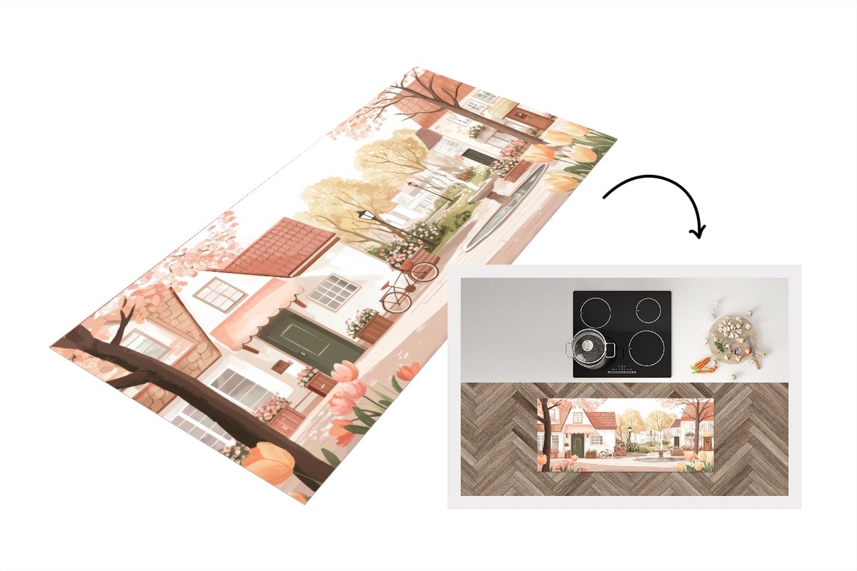Keukenloper 120x50 cm - Keukenmat vinyl Dorpsplein - Fontein - Tulpen - Keukenmatten loper