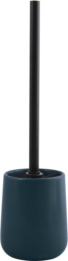 Blauwe toiletborstel met houder. De houder is mat blauw en de borstel heeft een zwarte steel en zwarte borstelharen.