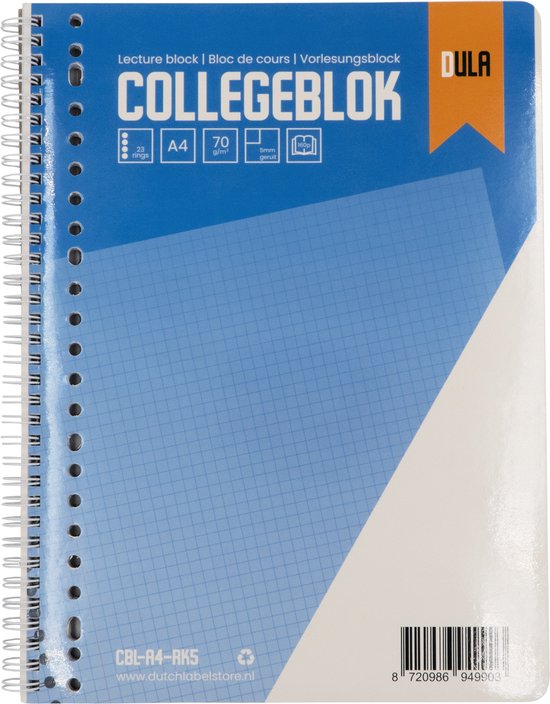 DULA Collegeblok A4, 160 vel, 5mm ruit, blauw met transparant schutblad.