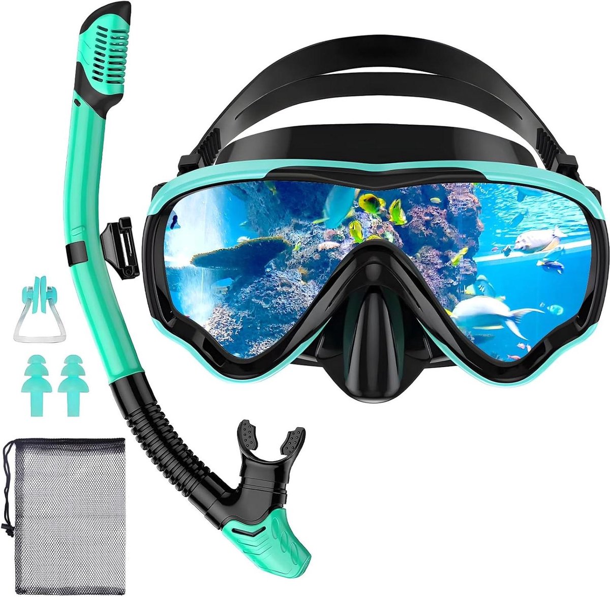 Snorkelset voor volwassenen - Duikbril en droge snorkel met anti-lek en anti-condens duikmasker van gehard glas voor snorkelen, zwemmen en duiken (groen)