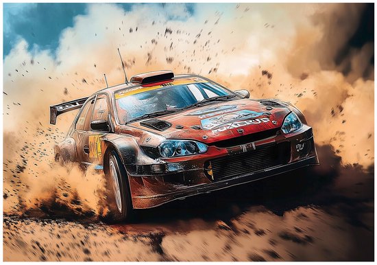 Rode rallyauto in de actie, die met hoge snelheid door de modder rijdt en veel stof opwerpt.