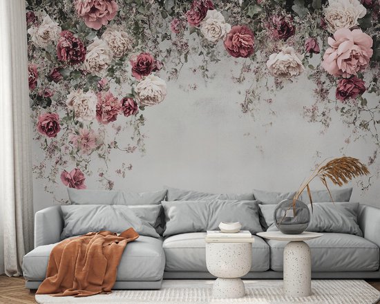 WALLARENA - Fotobehang - 400x280 cm - bloemen, rozen, beton, slaapkamer, woonkamer, vliesbehang