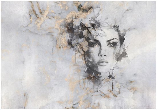 WALLARENA - Fotobehang - 150x105 cm - Vrouw Gezicht Goud Marmer voor Slaapkamer Woonkamer