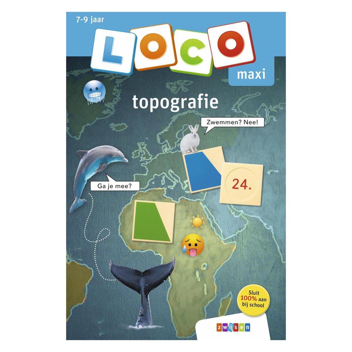 Topografie spel met landkaart, dolfijn, walvisstaart, konijn en emoticons. Leeftijd 7-9 jaar.