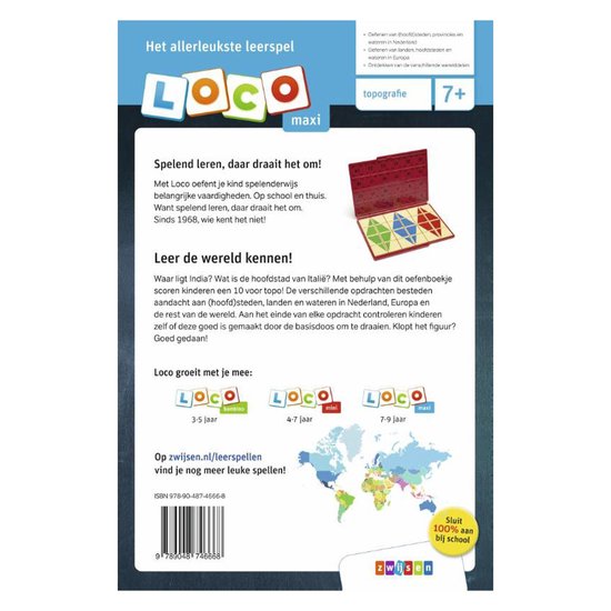 Spel met landkaarten, met de tekst 'Het allerleukste leer spel', 'Loco maxi topografie', en '7-9 jaar'.