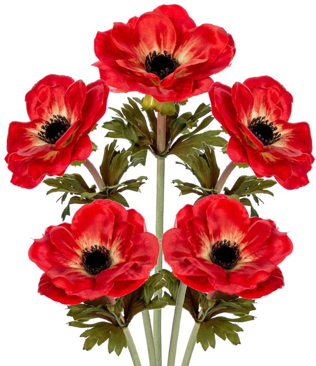 Ibenzoa® Set van 5 levensechte rode anemonen kunstbloemen voor veelzijdige decoratie en bloemstukken