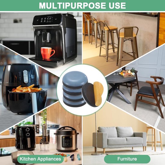 Collage met meubels: koffiezetapparaat, airfryer, keukenmachine, barkrukken, salontafel en bank. Midden: ronde grijze meubeldopjes.