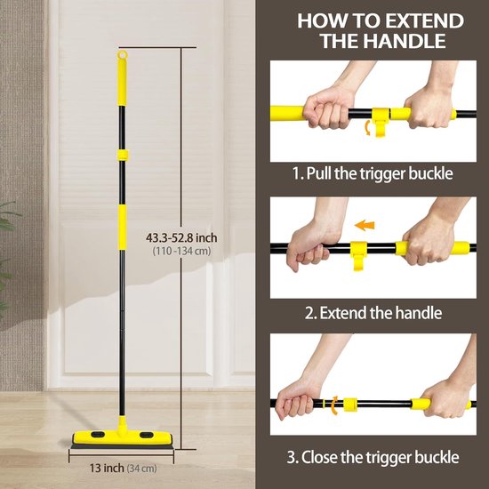 Rubberen bezem met rakel dierenhaarverwijderaar 138 cm lang handvat - Push-bont verwijderingsgereedschap met draagbare detaillering pluisborstel voor pluizig tapijt raam tegels hardhouten van Merkloos	 — afbeelding 2