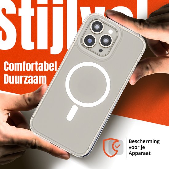 Coque de téléphone transparente avec logo MagSafe, tenue par des mains. Texte 'Élégant', 'Confortable', 'Durable'.