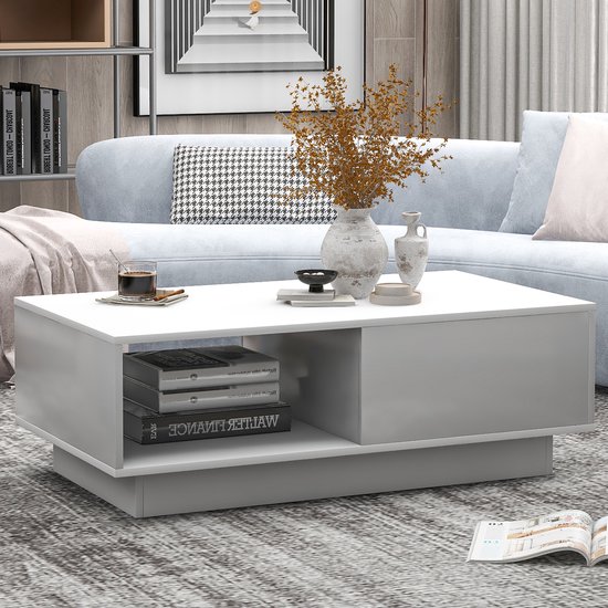 SHOWHA Koffietafel wit, middentafel, theetafel voor woonkamer, moderne en stijlvolle rechthoekige koffietafel met 2 open vakken, rechthoekige bijzettafel, banktafel, voor slaapkamer en kantoor, 90 x
