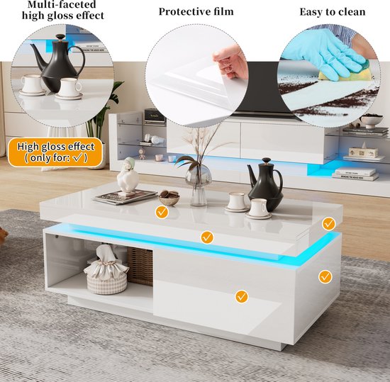 Witte hoogglans salontafel met blauwe LED-verlichting, met iconen die de hoogglans afwerking, beschermfolie en reinigingsgemak benadrukken.