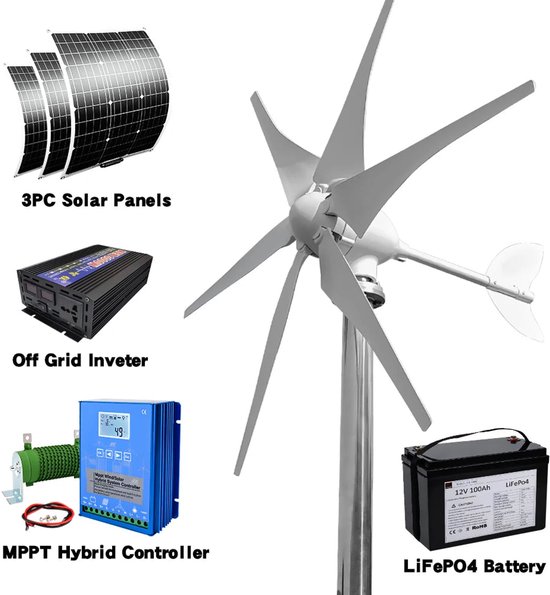 Foto: Windturbine windgenerator windmolen duurzame energie 3000w hybride zonnestroom off grid energie fiberglass bladen ip54 beschermd 48v met batterijsysteem