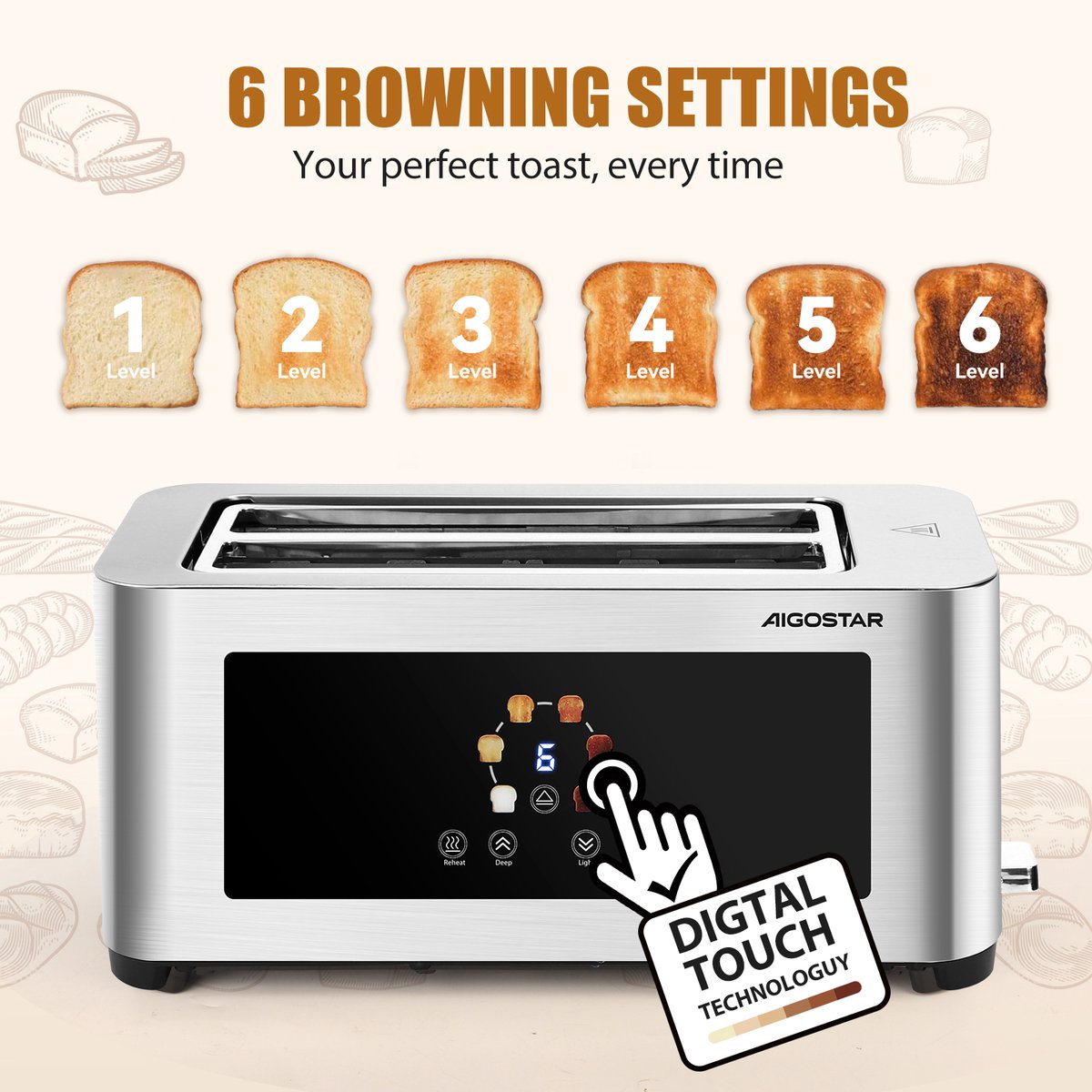 Aigostar Broodrooster lange sleuf - Toaster - LED Display - 4 Sneden - 6 Standen - 1400W - RVS -Bright 303QF thumbnail 3