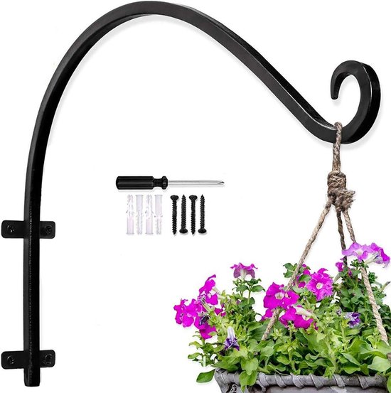 COM-FOUR® 4x muurbeugel van gepoedercoat staal, haak voor bloempot, tuin, windgong, hangende mand, met schroeven en pluggen (4 stuks - gedraaid