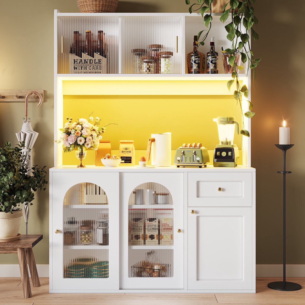 Gutent Keukenkasten - Hoge kasten - Met verstelbare planken - Met LED verlichting - Wit