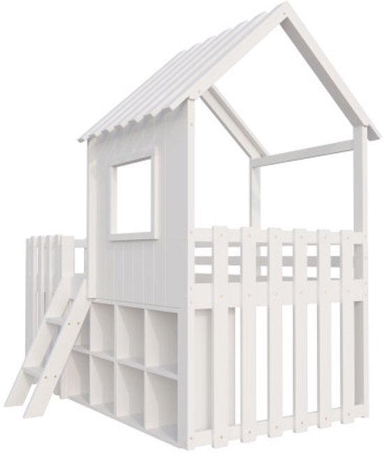 Lit cabane pour enfant 90x200, avec toit et fenêtre, avec espace de rangement ouvert, avec échelle d'escalade, lit superposé pour enfant en bois massif sans matelas, blanc