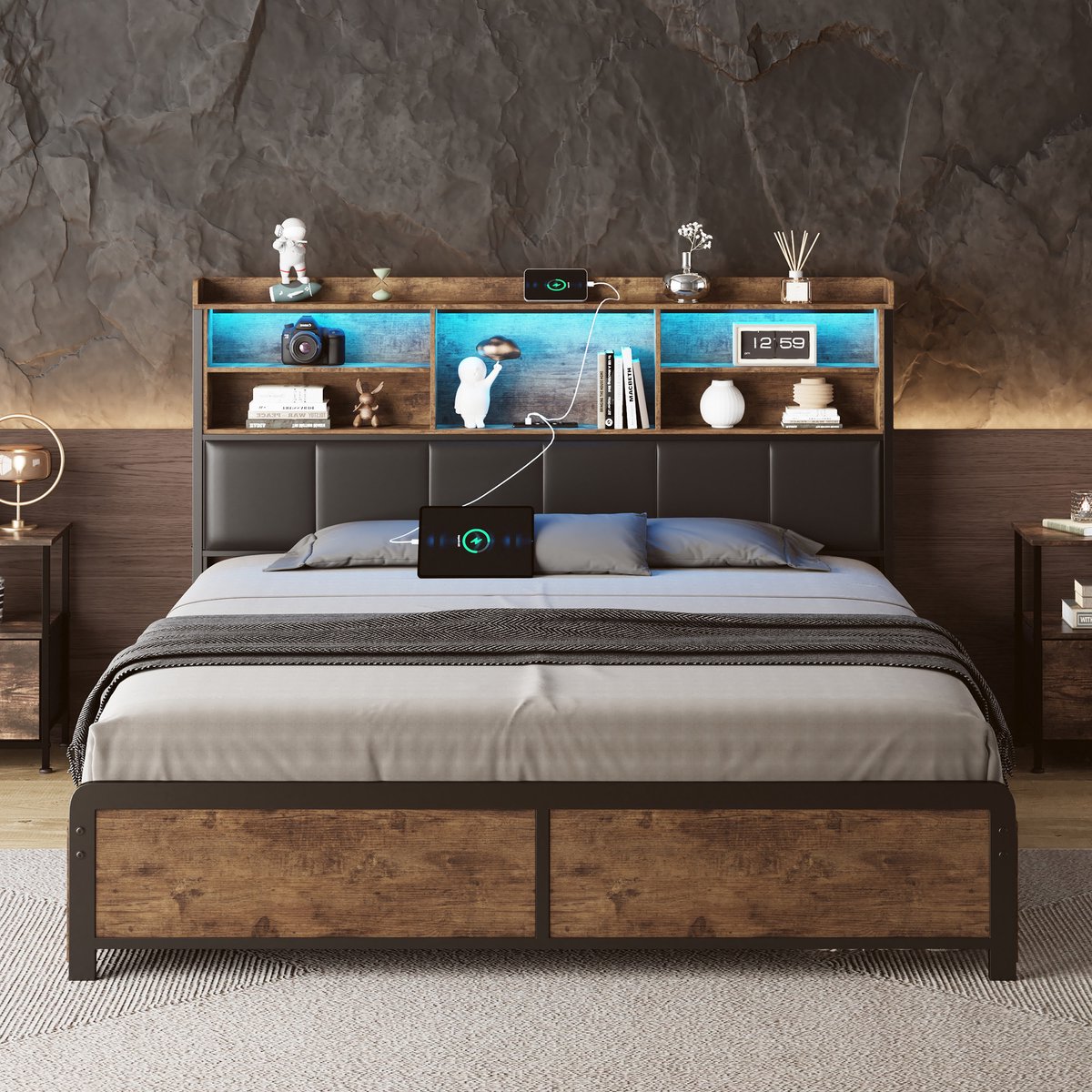 Tweepersoonsbedframe 140x200 Cm Met Hoofdbord En Voeteneinde Van MDF Wit En Hout Zonder Matras