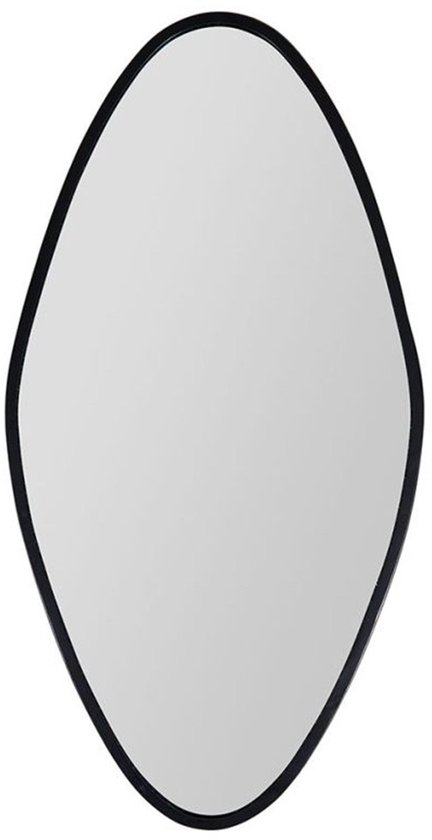 Ovale zwarte spiegel met een onregelmatig, organisch gevormd metalen frame. Merk: Ostaria.