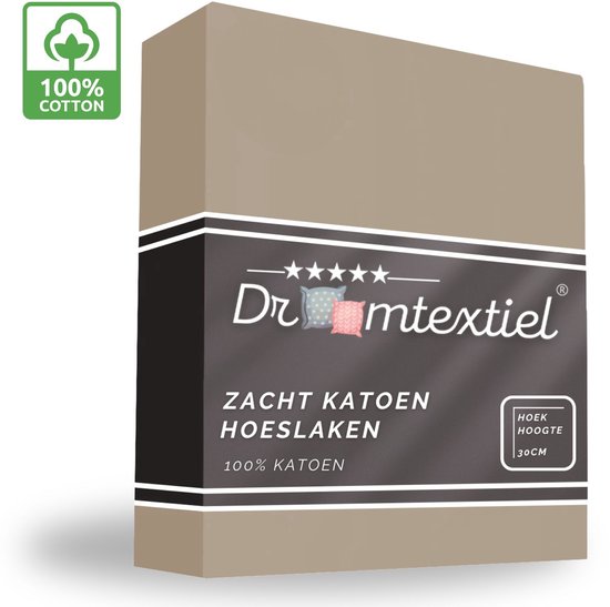 Bruine verpakking van Droomtextiel hoeslaken 100% katoen, zacht katoen, hoekhoogte 30 cm.