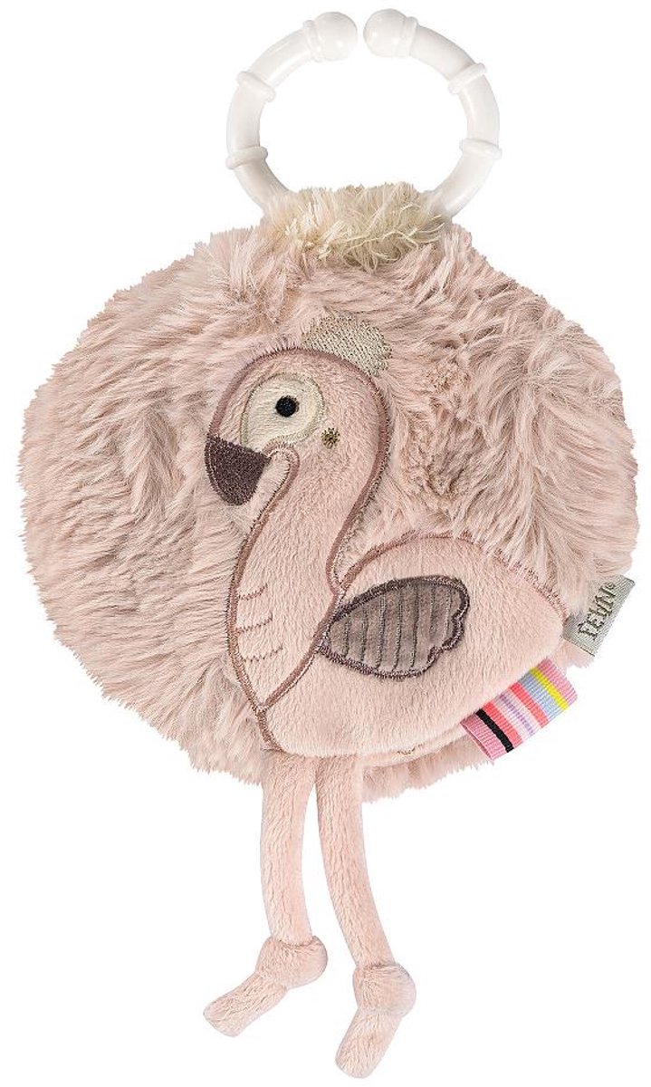 Fehn baby voelboekje Flamingo roze sensorisch speelgoed.