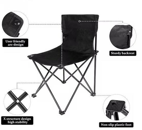 Zwarte Opvouwbare Campingstoel - 58x36x36 cm - Lichtgewicht Inklapbare Stoel met Oxford Doek - Tuin- en Strandstoel - Strandstoel - Beschikbaar in Meerdere Maten & Kleuren van Merkloos — afbeelding 3