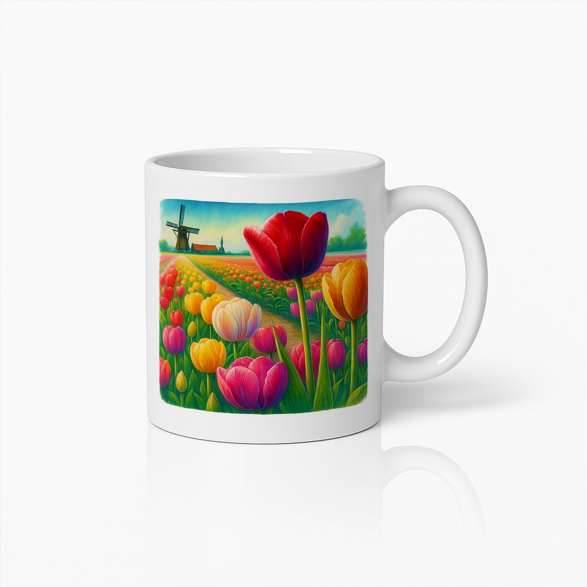 Nederlandse Tulpenveld Koffiemok – Kleurrijke Windmolen en Lentebloemen Beker