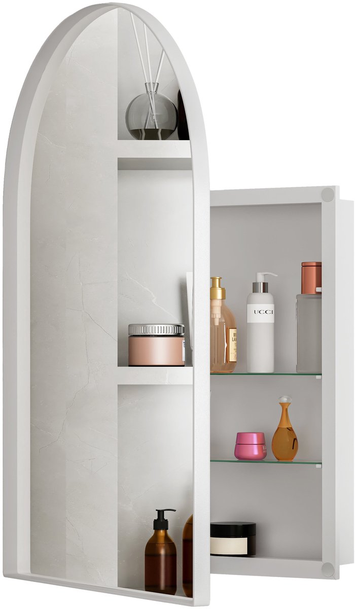 Merax Spiegelkast met Boogvorm – Wand- of Inbouwmontage – Witte Badkamerspiegelkast met Opbergruimte en Verstelbare Planken – 91 x 61 cm – Metaal
