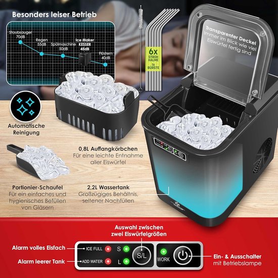 RFWR® IJsblokjesmachine voor Thuis - Snel IJsblokjes Maken - 12 kg per Dag - 2 IJsblokje Groottes - Energiebesparend van RFWR — afbeelding 2