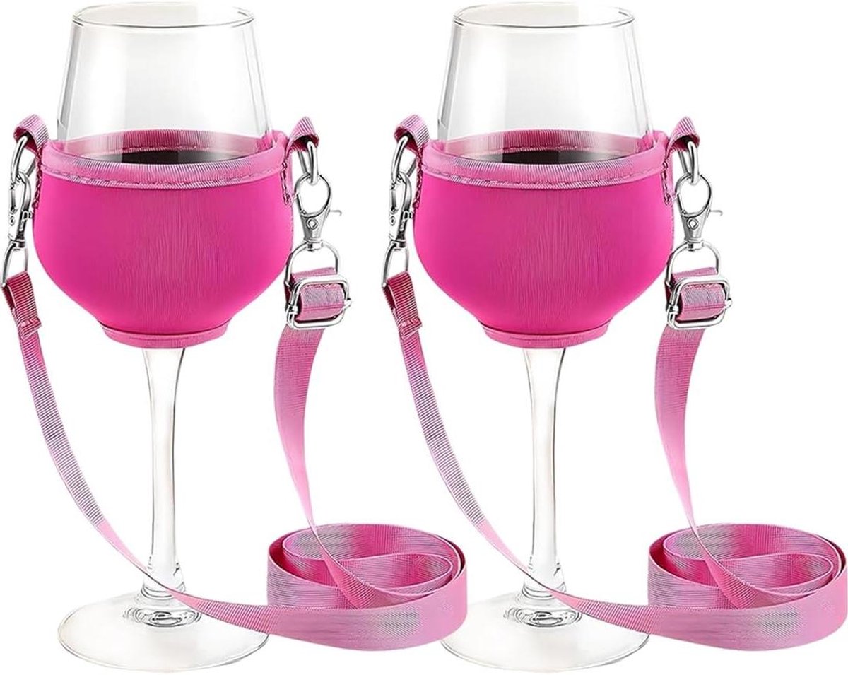Allecto Plus - Roze wijnglashouders voor omhangen, set van 2 stuks. Handige wijnhouders voor feestjes.