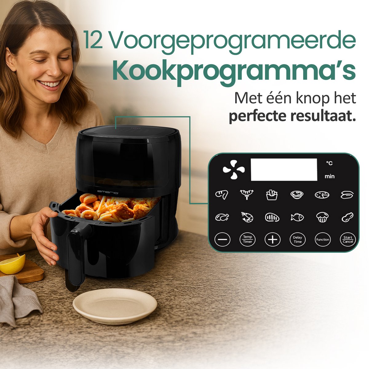 Emerio Airfryer XL - 5 Liter Heteluchtfriteuse - Regelbare thermostaat 80ºC tot 200ºC - 12 Kookprogramma's - Digitaal display - Timer functie - Kijkvenster - Cool touch - AF-129329.3 Zwart — afbeelding 7
