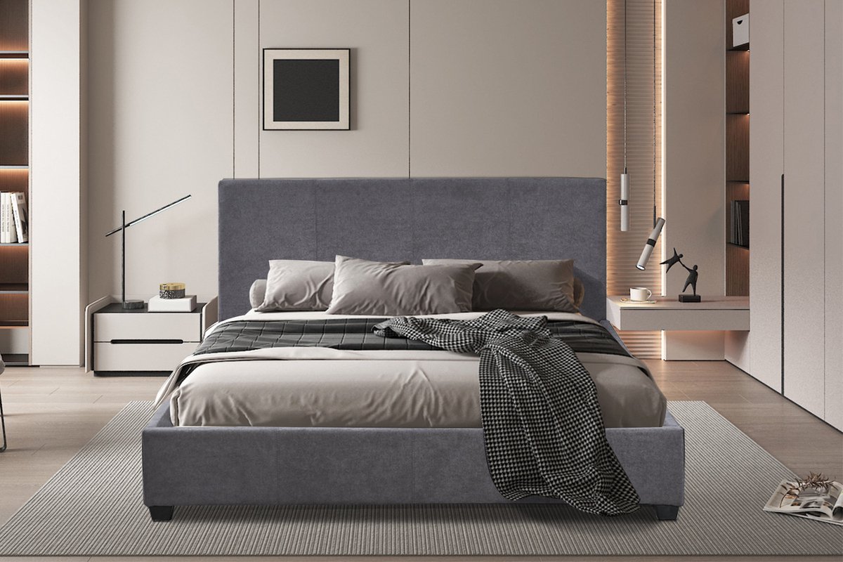 Bed Roma Grijs – 160 x 200 cm – Stoffen Bekleding – Inclusief Lattenbodem - Rousseau