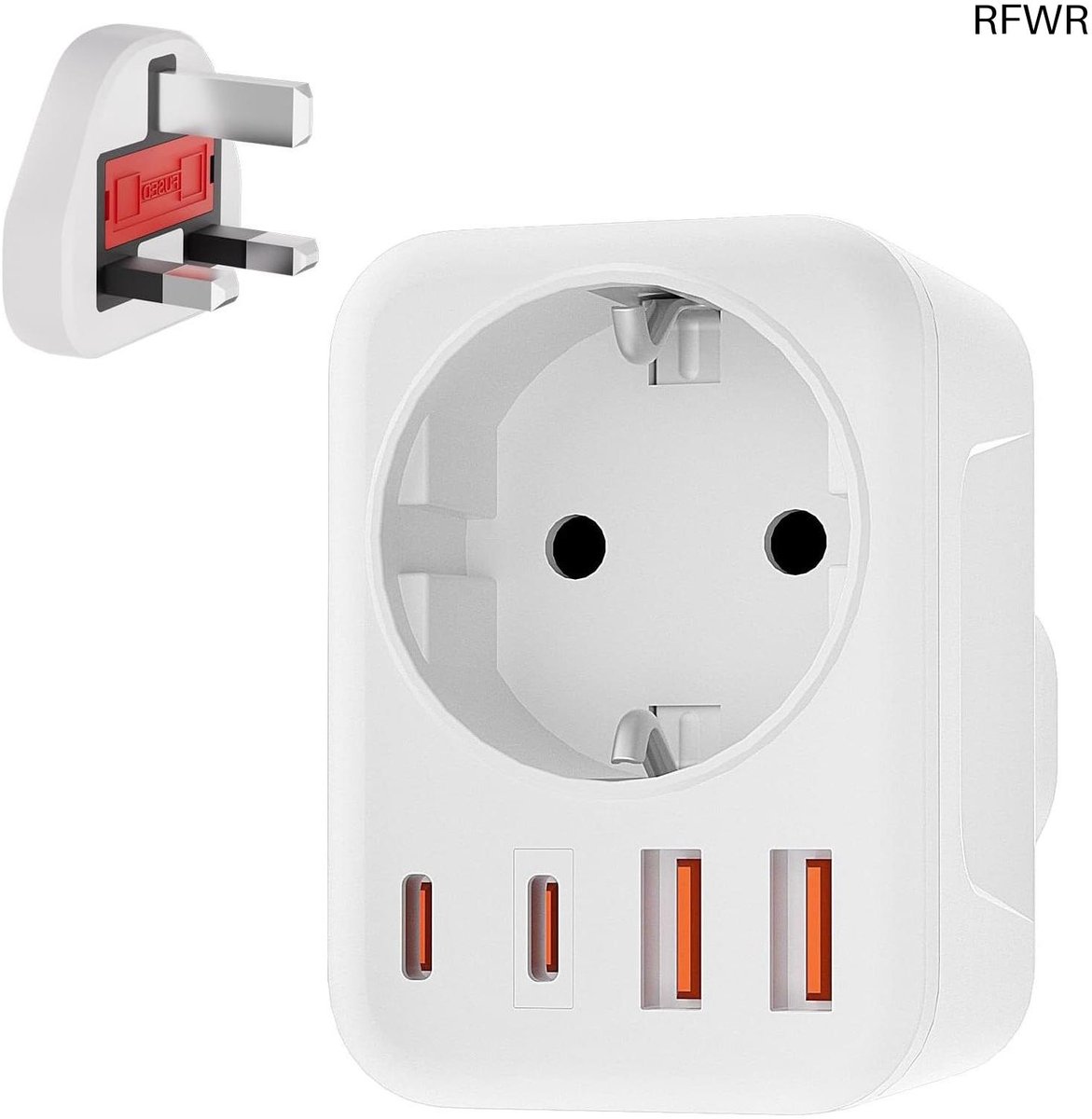 RFWR® Reisadapter met 2 USB en 2 USB-C Poorten - 5-in-1 Stekker voor Engeland en Meer