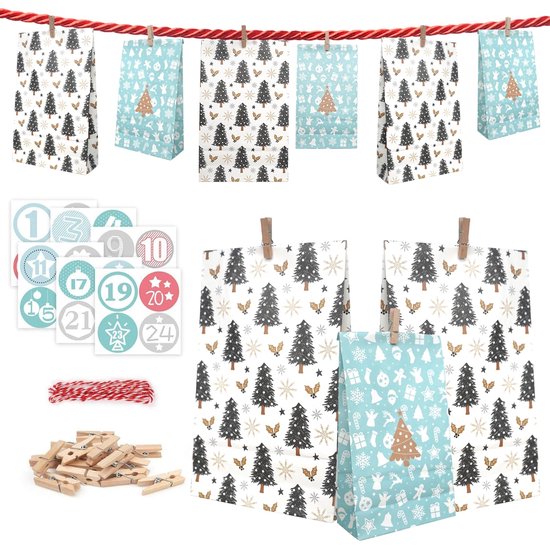 Foto: Adventskalender om te vullen 24 zakjes kerstdecoratie kraftpapier