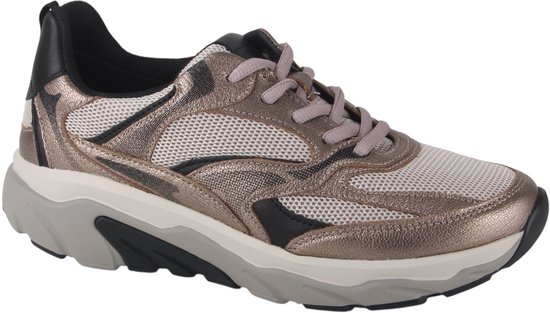 Grijze Gabor Rollingsoft sneaker, zijprofiel. Metallic brons met zwart en beige accenten, mesh panelen en dikke zool.