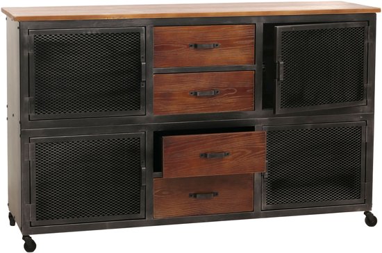Dressoir MCW-N28, ladekast, wielen 4 laden, 3D structuur industrieel retro metaal hout 90x150x40cm ~ zwart, bruin