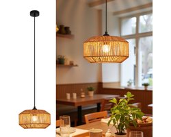 NETTLIFE Hanglamp Rotan - E27 Fitting - Korte Lantaarn Design - 1-Lichts - Vintage - Hennep Touw Eettafellamp - voor Eetkamer | Slaapkamer | Woonkamer | Hal - Max.40W