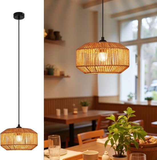 NETTLIFE Hanglamp Rotan - E27 Fitting - Korte Lantaarn Design - 1-Lichts - Vintage - Hennep Touw Eettafellamp - voor Eetkamer | Slaapkamer | Woonkamer | Hal - Max.40W