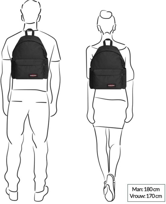 Schematische tekening van een man en vrouw die zwarte Eastpak rugzakken dragen.