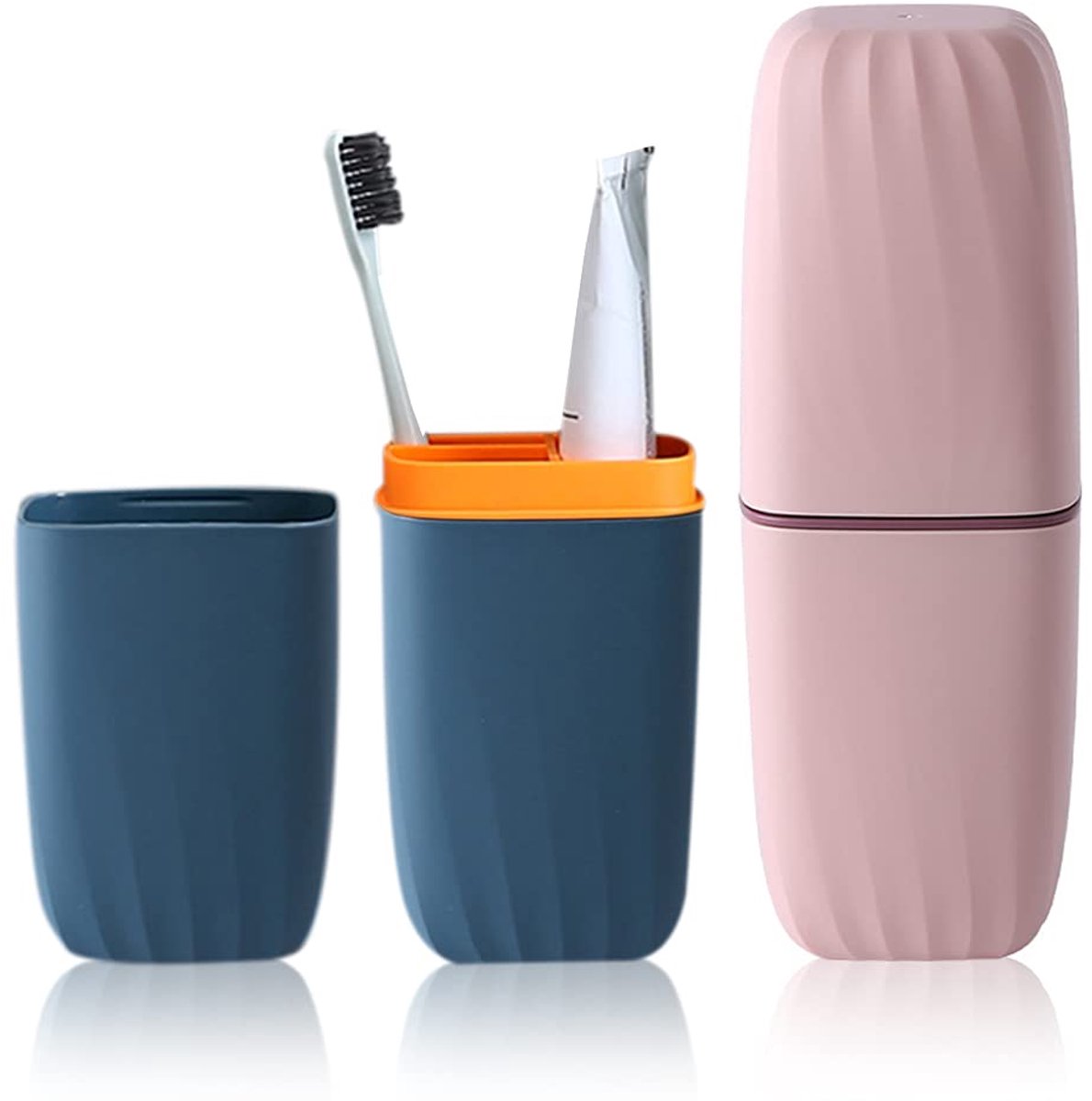 Ibenzoa® Reisvriendelijke tandenborstel- en tandpastaopslagset met draagbare bekers in blauw en roze, ideaal voor onderweg