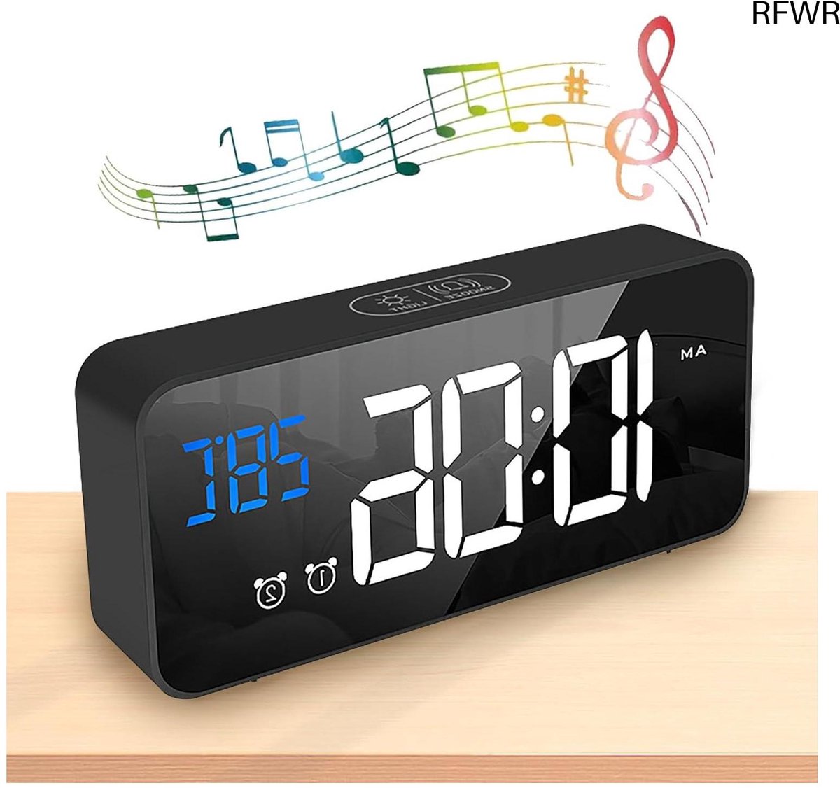 RFWR® Slimme Digitale Wekker met LED Display en Snoozefunctie - Temperatuurweergave, Instelbare Helderheid en Volume, USB Oplaadpoort