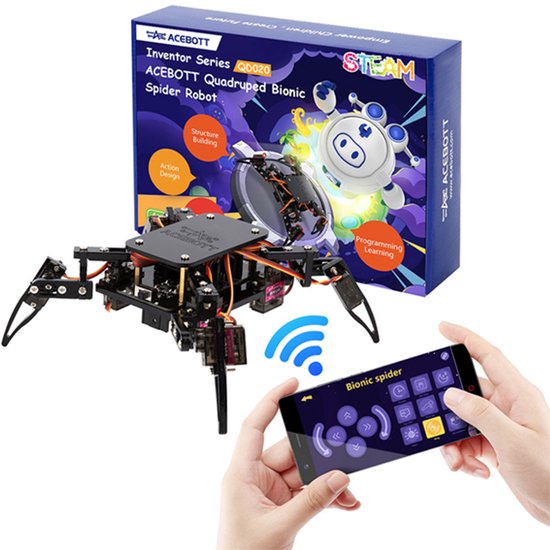 ACEBOTT QD020 ESP8266 Spider Robot Kit – 6- & 9-preset acties, Bluetooth/Wi‑Fi, MG90 servo’s