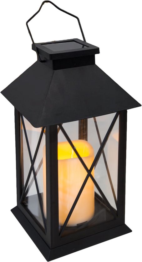 Atmosphera Solar tuin lantaarn - zwart - kunststof/glas - 14 x 14 x 28 cm - buiten - Led kaars licht