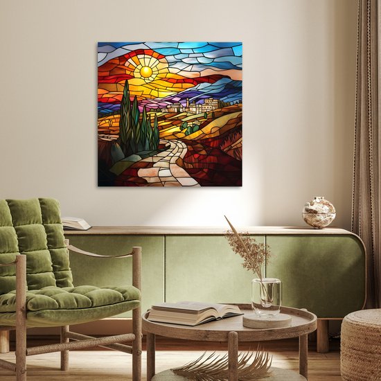 Poster 75x75 cm - Mozaïek - Zon - Landschap - Dorp - Posters - Kamer decoratie - Wanddecoratie woonkamer - Muurdecoratie slaapkamer